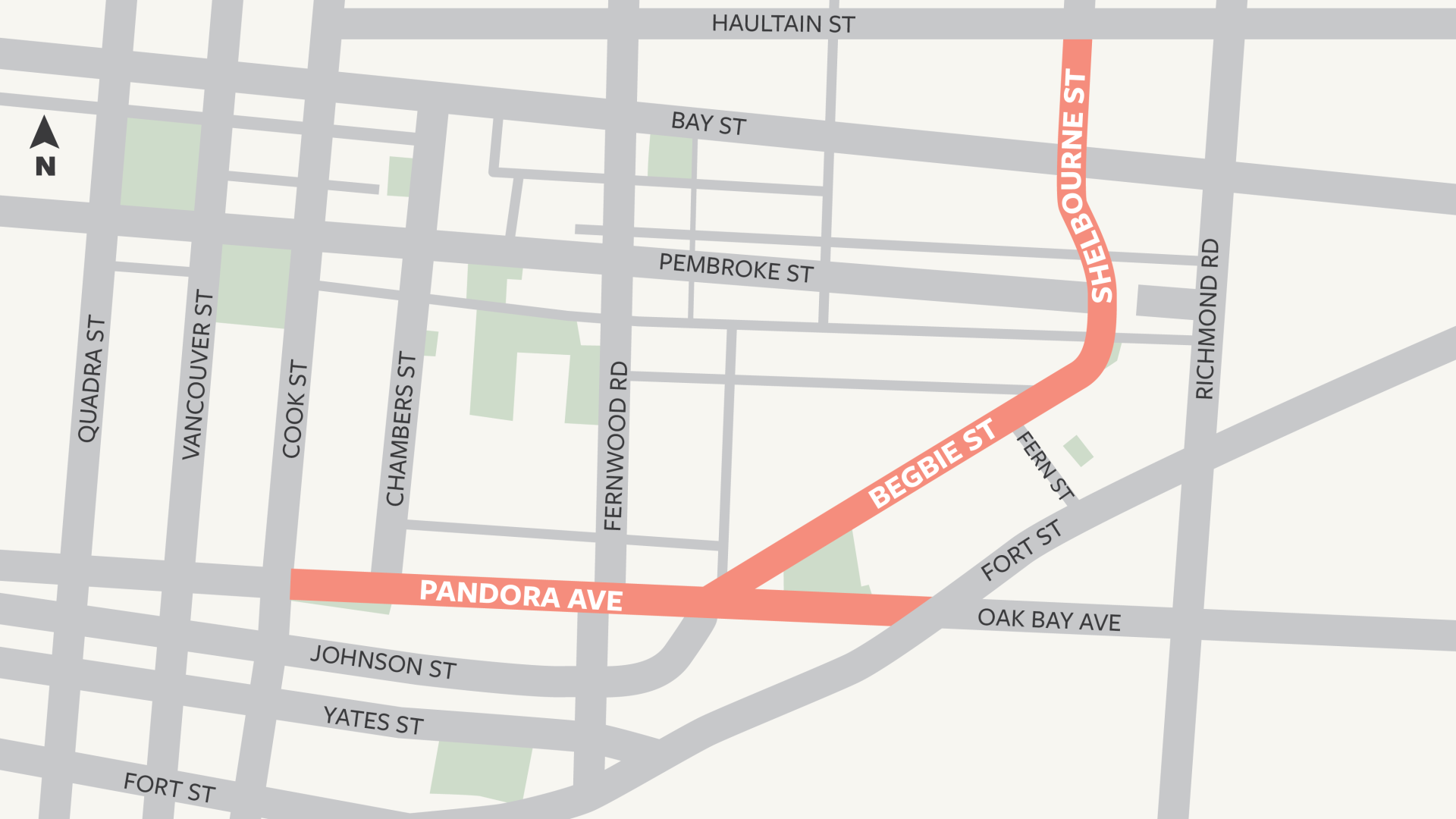Two corridors are highlighted peach to show where the City will be doing its next round of transportation improvements.