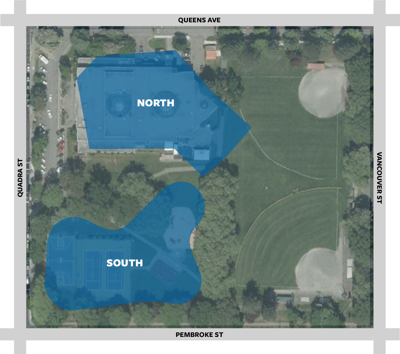 Aerial-view map of Central Park showing two possible locations for the new facility; North in the northwest corners and South in the southwest corner.